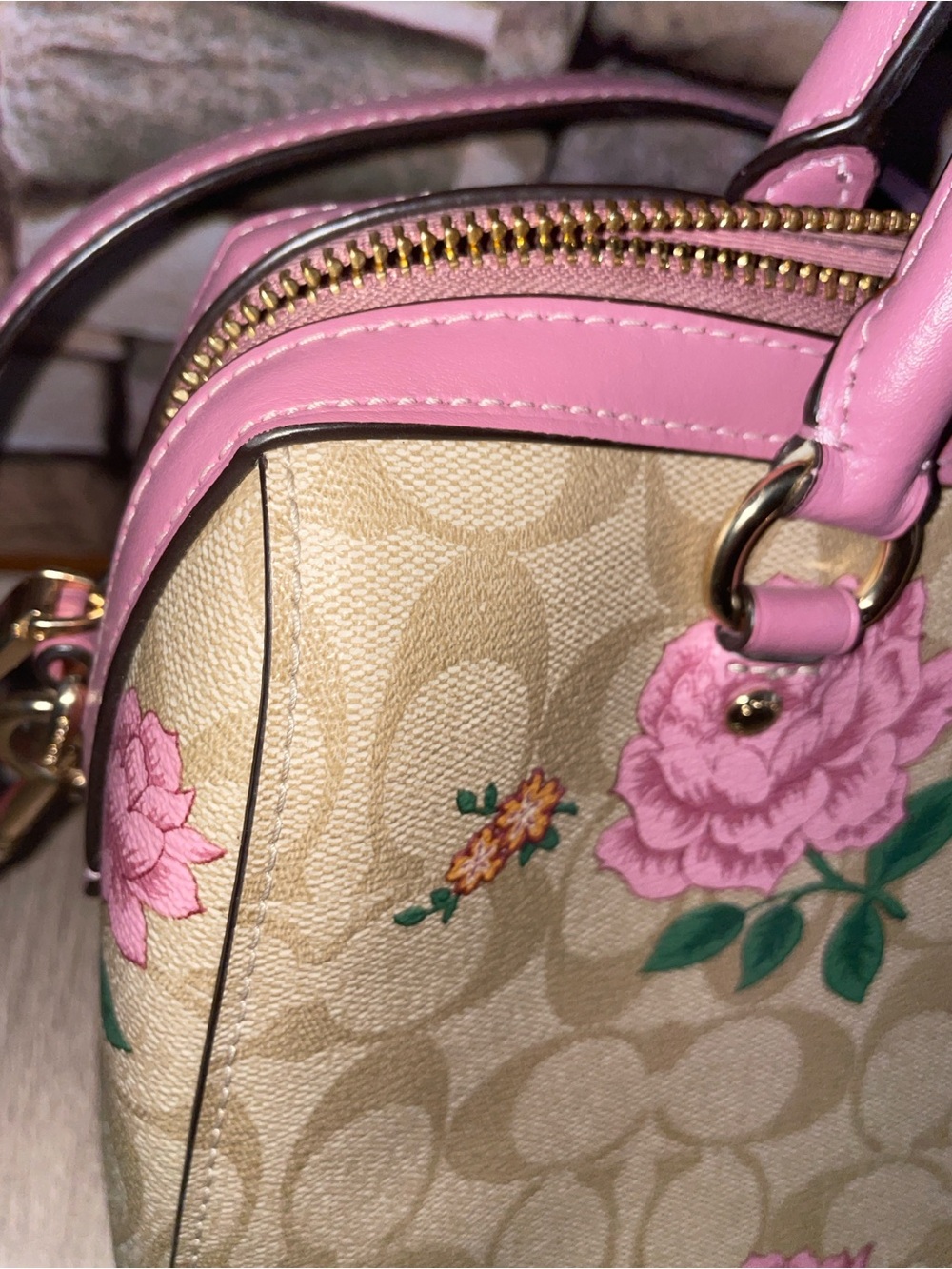 Coach Beige Signature Floral Dome Satchel with Pink Trim - Picture 5 of 13